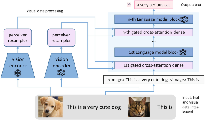 A block diagram displays input test and visual data are interleaved at the bottom. The diagram has a cute dog, followed by vision encoder, perceiver resampler, visual data processing, first gated cross-attention dense model block, and serious cat. The output text is generated from these components.