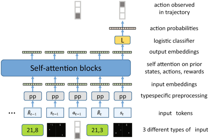 An autoregressive language model takes 3 distinct types of input, input tokens, type-specific preprocessing, and input embeddings. It then moves to states, actions, rewards, output embeddings, logistic classifiers, and action probabilities.