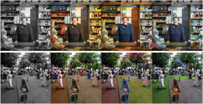 4 panel of photos in row 1 represents a person stands in a shop in 4 different color variations and shades. 4 panel of photos in row 2 represents a few people walk around, a person holds ropes in 4 different color variations and shades.