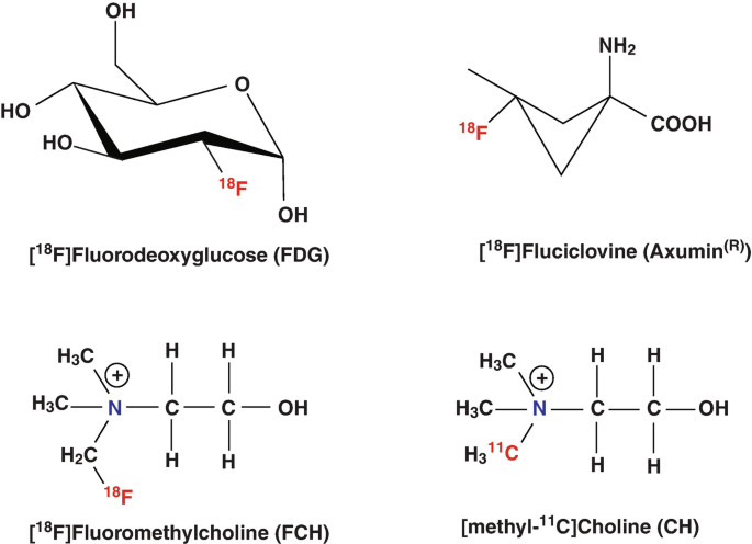 Four bond line notations of F D G, axumin, fluoro methyl choline, and choline.