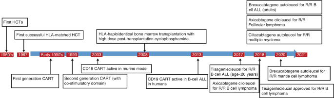 A timeline from the 1950 s to 2021 and leading. It begins with the first H C T s in 1950 s and ends with the brexucabtagene autoleucel for R by R mantle cell lymphoma in 2020.