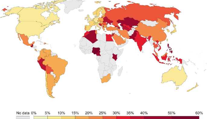 A world map. The color codes on the map reveal the share of consumer expenditure on food.