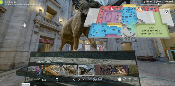 A virtual interface of the national museum of natural history depicts a gallery, with a central giant statue of an elephant, and a section of the screen displays a layout of the New Dinosaur Hall.