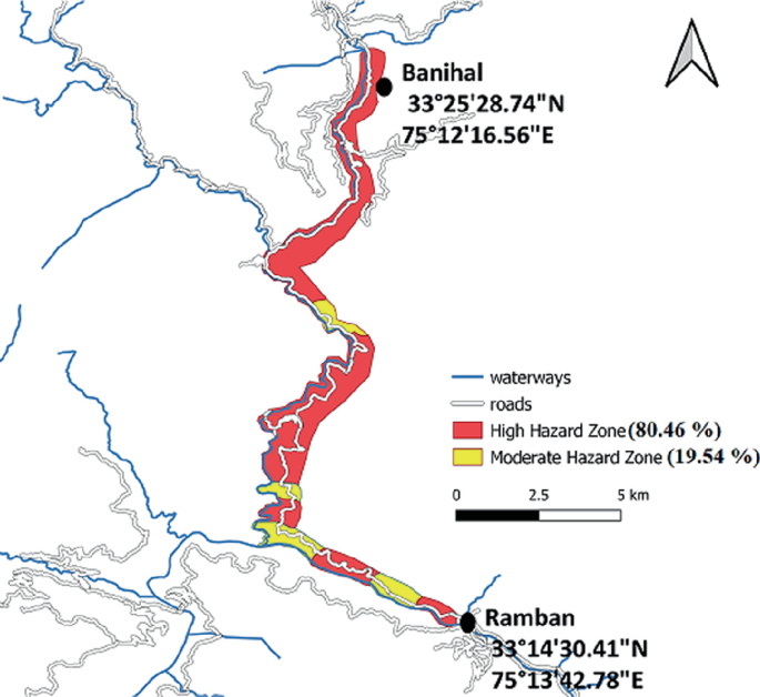 A map of the Ramban -Banihal landslide site. The markings are waterways, roads, high hazard and moderate hazard zones.