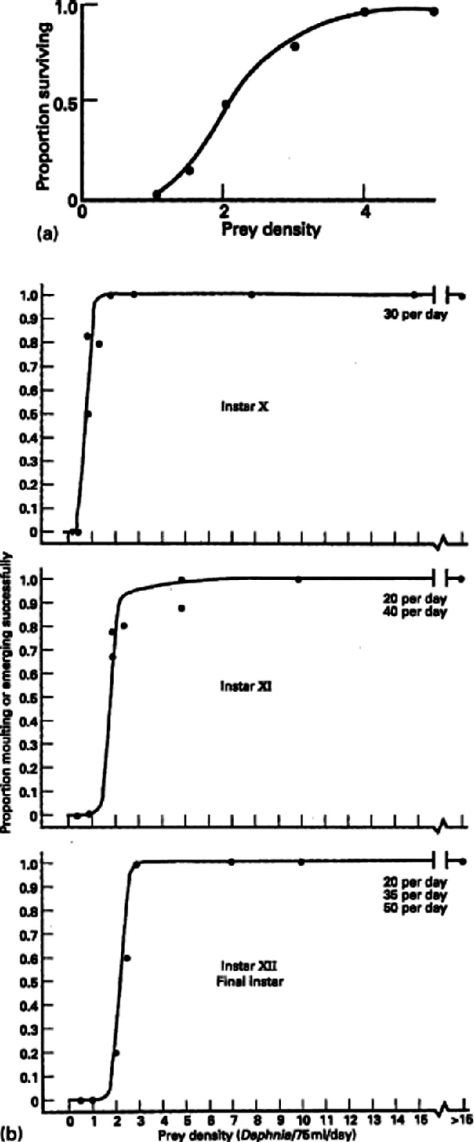 A. A line graph plots proportion surviving versus prey density with an approximate sigmoid curve. B. 3 line graphs plot proportion molting successfully versus prey density. The lines for instars 10, 11, and 12 have an initial steep increase to a maximum and then plateaus.