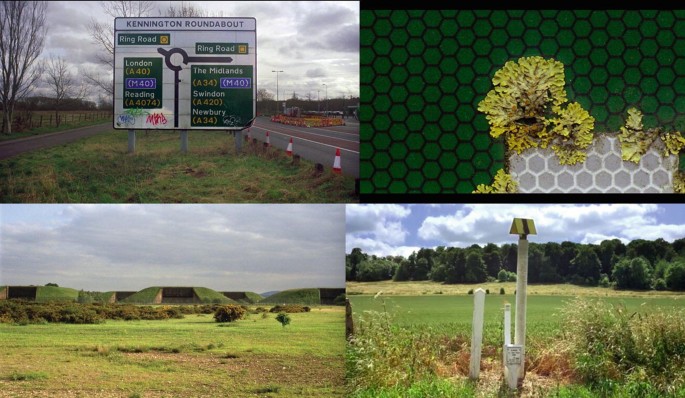 Four photographs. A road sign board at the top left provides directions to Newbury, Swindon, The Midlands, London, and Reading. Lichens are on the signboard at the top right. Bottom left, steep walls in a grassy landscape. Bottom right, there are three poles in front of a field with markings on top.