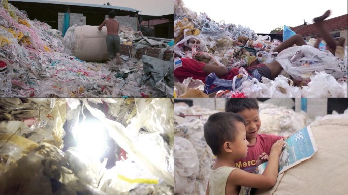 4 Video stills of a massive garbage dump. A man in rear view pushing a huge roll of plastic. Children lying on top of the garbage. A close-up of the dump with plastic shreds. 2 small boys reading from a poster among the garbage.