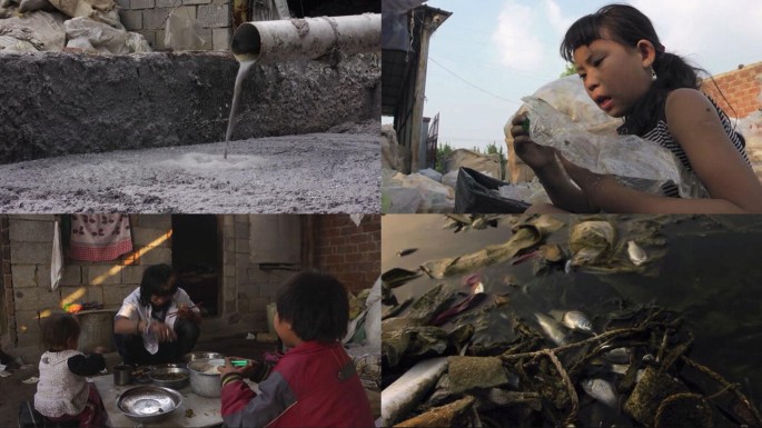 4 Video stills. A close-up view of a fluid oozing from a pipe. A girl examines a piece of plastic from the dump. A man and 2 kids dine next to a garbage heap. An overhead, close-up view of dead fishes and decaying plants floating on a waterbody.