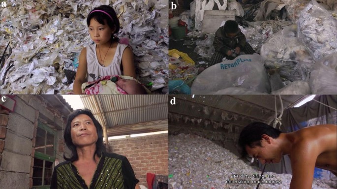 4 Video stills. A. A girl sitting in front of a garbage heap with a baby on her lap. B. A boy examining a plastic bag among a pile of many. C. A person smiling. D. A half-naked man working on tiny shreds of plastic. A text below reads, it's dirty, tiring, and not making much money.