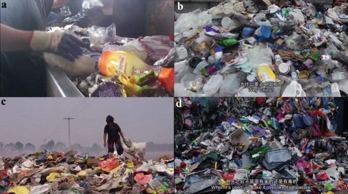 4 Video stills. A. A pair of gloved hands handling plastic waste. B. A pile of plastic waste. A text below reads, Why China? C. A man picks up garbage from a massive dump. D. A pile of plastic waste. A text below reads, when it's used, we take it over like it's treasure.