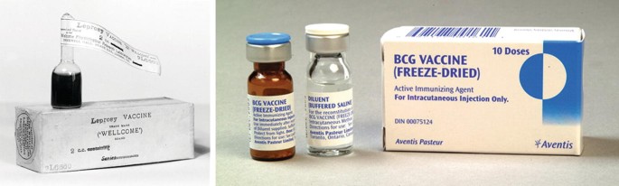 Two photographs. Left is a box of leprosy vaccine and right of B C G vaccine. Two vials outside the box are B C G vaccine, freeze-dried and diluent, buffered saline.
