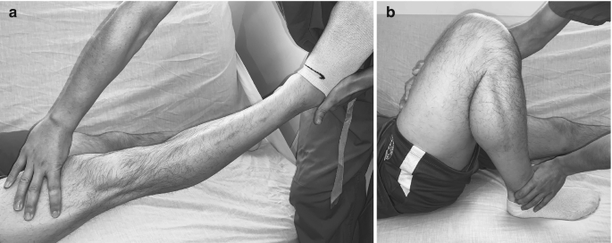 A set of 2 photos. a and b. A is the photo of the lower limb of a patient. It is slightly raised and held by the ankle. The knee is being assessed with fingers above it. B is the photo of the bent lower limb of a patient.