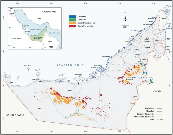 A location map indicates in the top corner with U A E highlighted. Below a map highlights main roads, shoreline, emirates boundaries, international boundaries, and town. Lists the zones of one, two, three and four, five, and six at the top.