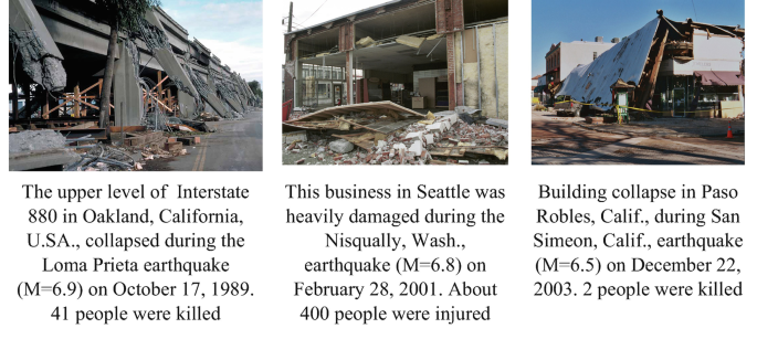 Three photographs of 3 different infrastructures damaged due to the earthquake.