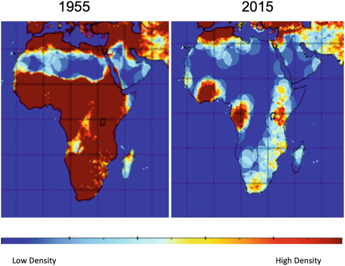 2 heat maps of Africa and neighboring parts of Asia for the years 1955 and 2015. The map for 1955 has higher values in most of the countries. The map for 2015 has higher values in the Ivory coast, Gabon, and few other places.