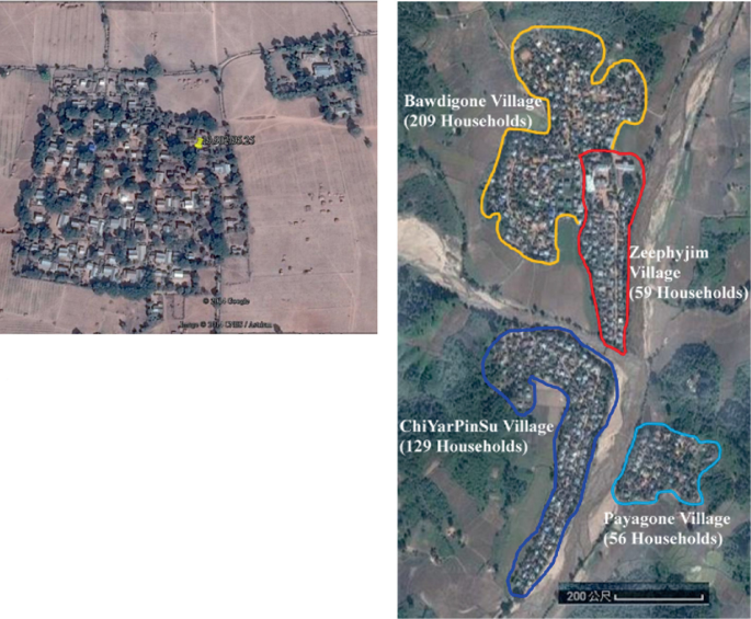 Two satellite images with markings on the border of Bawdigone village, Zeephyjim village, ChiYarPinSu village, and Payagone village.
