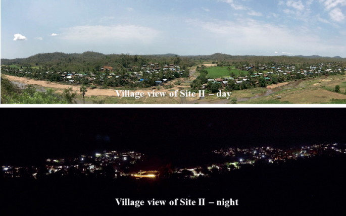 Two photographs of a village site during the day and nighttime.