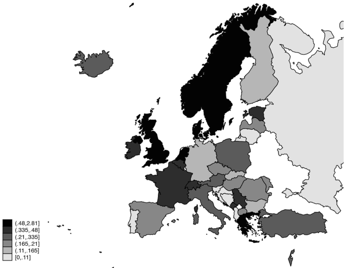 A map of Europe highlights countries in 6 density range. The countries with highest density of political scientists in European higher education institutions are Norway, Sweden, United Kingdom, Denmark, Netherland, and Greece.