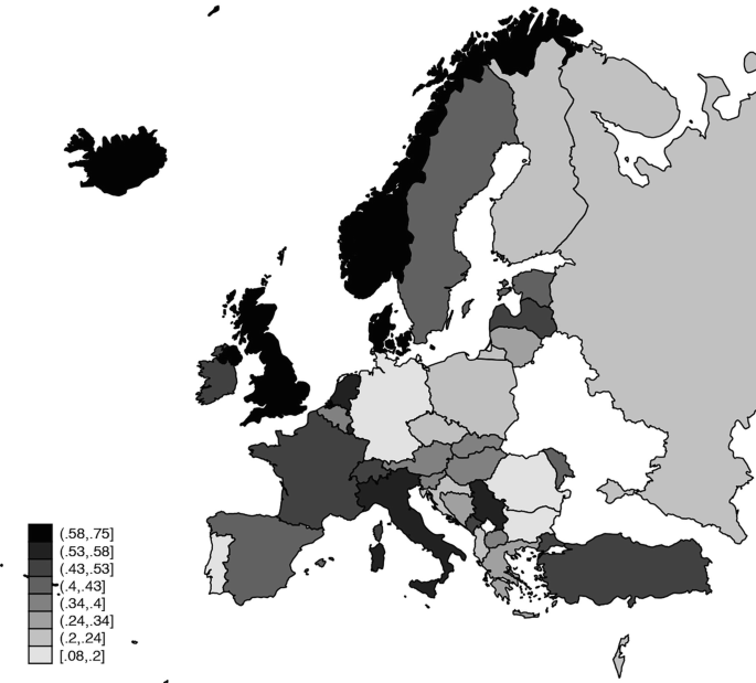 A map of Europe highlights countries in 8 density range. The countries with highest density of political science program in European higher education institutions are Norway, Iceland, United Kingdom, and Denmark.
