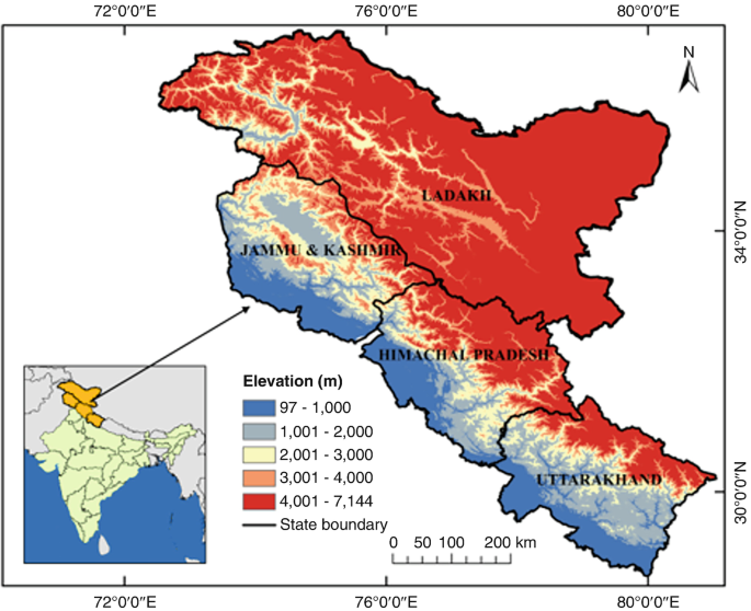 A map of India in the inset highlights and enlarges its northern states that Ladakh, Jammu and Kashmir, Himachal Pradesh, and Uttarakhand. The enlarged part is a color gradient representing 5 elevation ranges. The northeast part of Ladakh has the highest elevation of 4001 to 7144 meters. The South-Western parts of Jammu and Kashmir, Himachal, and Uttarakhand have the lowest elevation of 97 to 1000 meters.