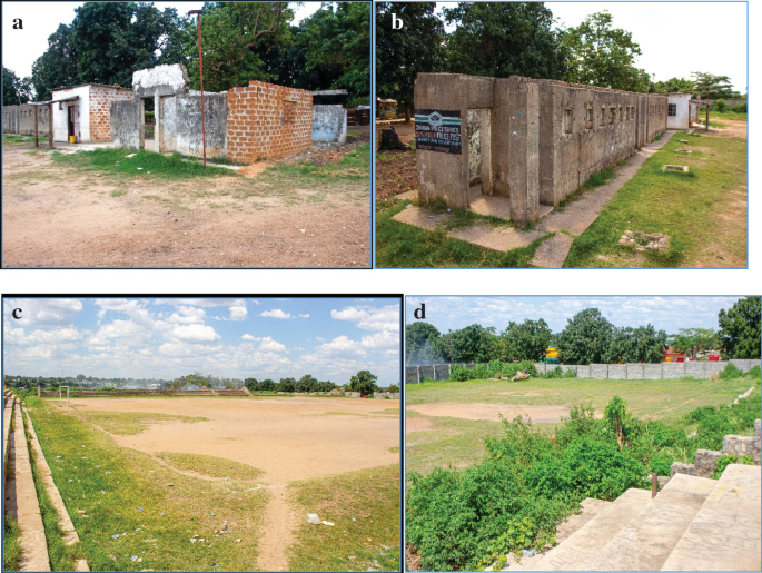 4 photos with labels a to d. In clockwise direction, the photos are a, a club house that appears half constructed, with no ceiling and broken walls. b, change rooms that are built side by side. The rooms lack doors and windows. d, volleyball court with steps for spectators to sit on. A large amount of wild shrubbery covers several corners of the court, and a wall is present at the far end. c, a football pitch that has step-like seats for spectators.