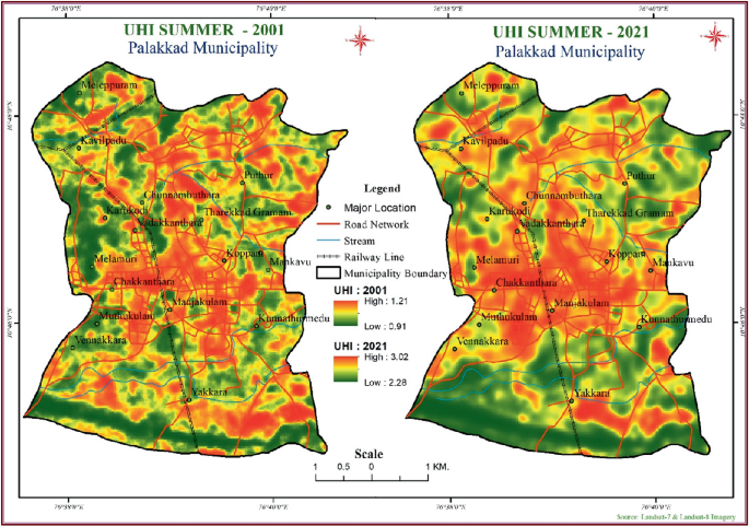 2 heat maps of U H I in the summer of 2001 and 2021 for the Palakkad municipality area. In 2001 and 2021, the high U H I is around the central municipality. In 2021, a noticeable low U H I is in the southern municipality, and a high U H I is spread to the western municipality.