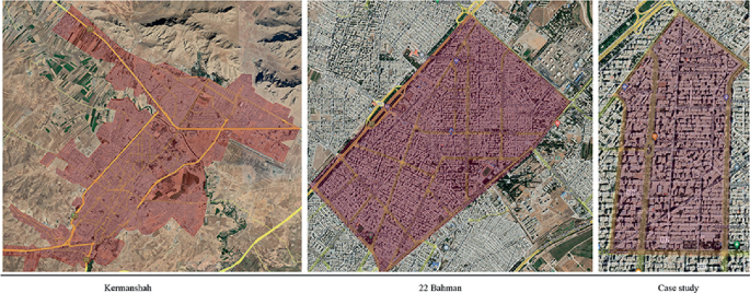 A set of 3 satellite views of A. Kermanshah B. 22 Bahman, and C. case study areas which are highlighted.