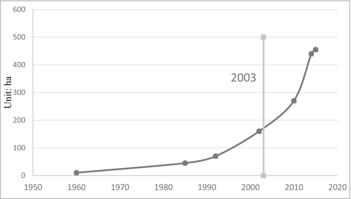 A line graph plots the eucalyptus area in units per hectare from 1950 to 2020. The line starts at 0 in 1960 and reaches 450 in 2011. A vertical line is in 2003. The values are approximated.