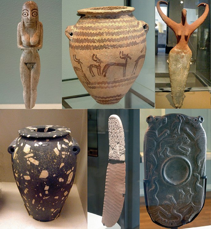 A collage of 6 photographs. From left to right 1. A predynastic figurine made of ivory. 2. A jar. 3. A bat figurine. 4. A jar made of diorite. 5. A knife made of flint. 6. A cosmetic palette.