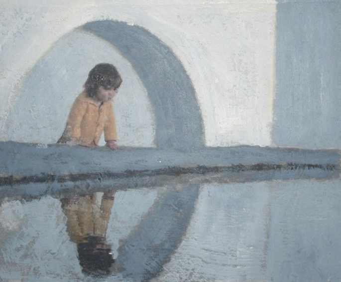 A painting of a child who looks at his reflection in the water.