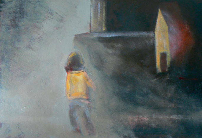 A painting of a child amidst a blurred background.