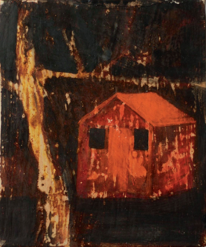 An egg tempera painting of a half-light hut. The hut has 2 windows. A tree nearby has branches above the hut.