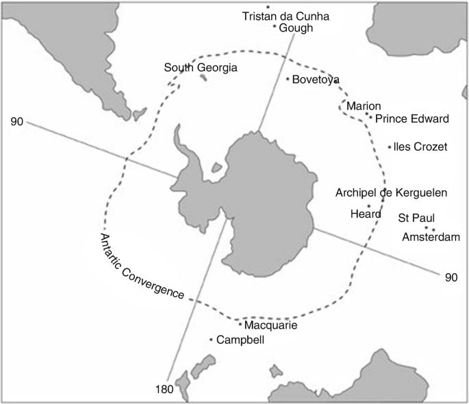 A map of the southern tip of Africa has South Georgia, Bovetoya, Marion, Prince Edward, Iles Crozet, Archipel de Kerguelen, Heard, St. Paul, Amsterdam, Macquarie, and Campbell islands marked around it.