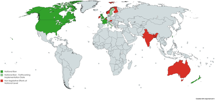 A world map illustrates the global microbead interventions in various countries. The non-legislative efforts are found in India, Australia, Norway, and Finland. Canada, Alaska, U S, France, and New Zealand have imposed a national ban. The forthcoming national ban is imposed by Sweden and Italy.