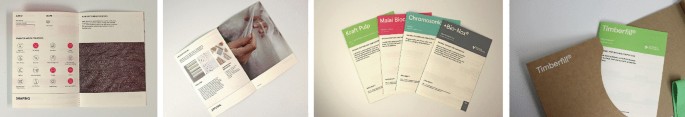 4 photographs of material toolkits. From left to right. A pamphlet is opened. A pamphlet is placed slantingly. 4 pamphlets titled kraft pulp, Malai bloc, chromosomic, and + Bio Nox are displaced. A pamphlet titled timber fill is partially placed in a paper folder.