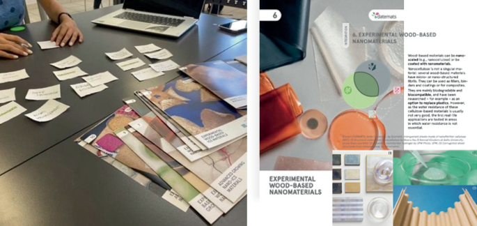 Two photos of E M and T s integration cards. On the left, 11 cards to show the possible areas and a few small paper slips are kept on the table. On the right, experimental wood-based nanomaterials are displayed.
