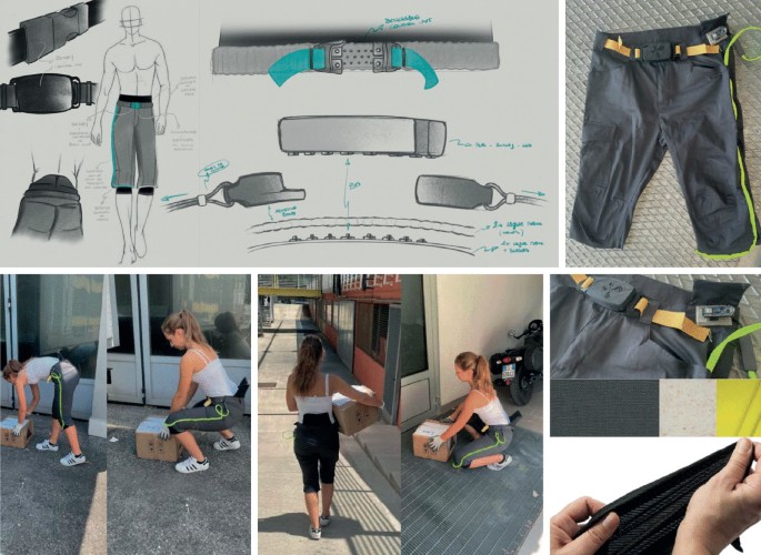 A sketch and set of seven images of the smart pant. The sketch includes the pant buckles. The images include a woman lifting a box, pants on display, a color board of the pants, and a pair of hands stretching the fabric.