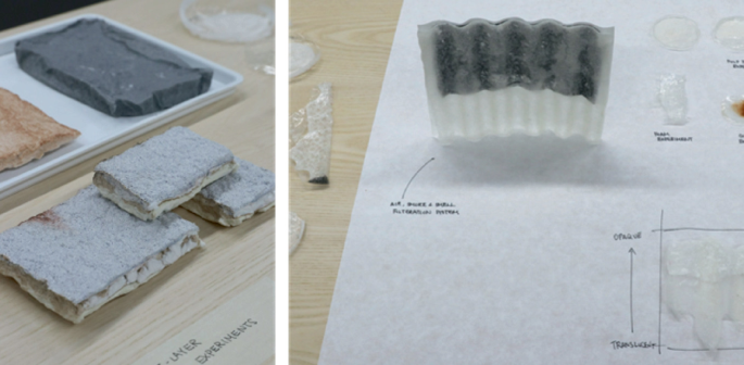 A set of 2 photographs of a small divider with an integrated carbon foam prototype and an air filtration system.