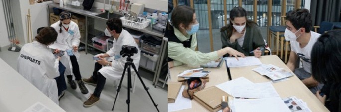 A set of 2 photographs. A group of people sitting together in the lab and discussing (left). A group of people sitting together in the classroom and discussing (right).
