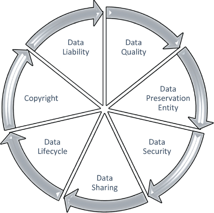 A circular pie chart represents data liability, data quality, lifecycle, copyright, data preservation, and other entities.