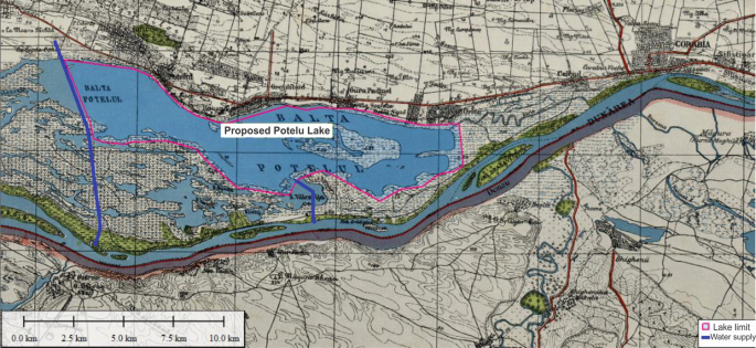 A map represents the extension of the proposed Potelu lake, and its limit is highlighted. The different regions of water supply are categorized and labeled.