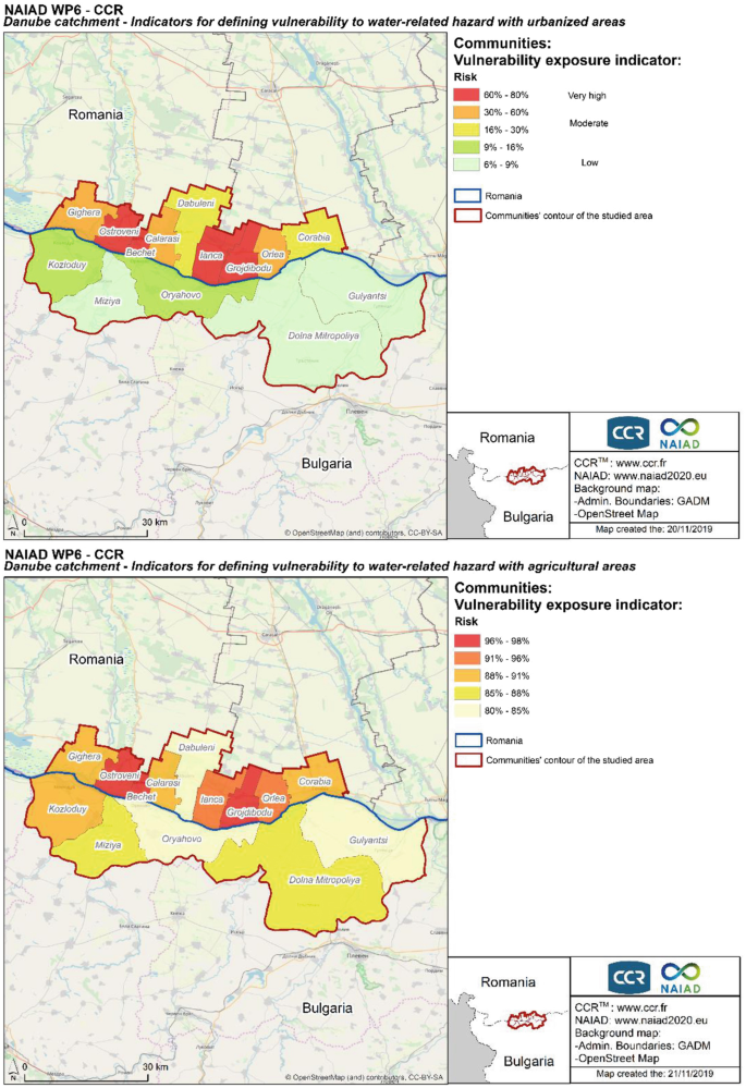 Two maps of urban and agricultural areas in Romania and Bulgaria are categorized into different communities and indicate the vulnerability exposures from very high to very low. The borders of Romania and the communities' contour of the study area are highlighted in different shades.