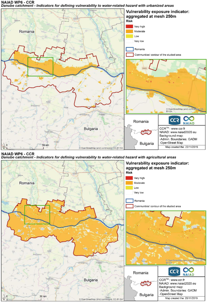Two maps of the Danube with urban and agricultural areas in Romania and Bulgaria. They are categorized into different communities with the indication of vulnerability exposures aggregates at mesh 250 meters from very high to very low. The borders of Romania and the communities' contour of the study area are highlighted in different shades.