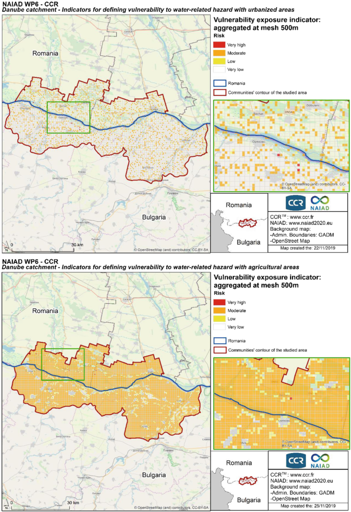 Two maps of the Danube with urban and agricultural areas in Romania and Bulgaria. They are categorized into different communities with the indication of vulnerability exposures aggregates at mesh 500 meters from very high to very low. The borders of Romania and the communities' contour of the study area are highlighted in different shades.