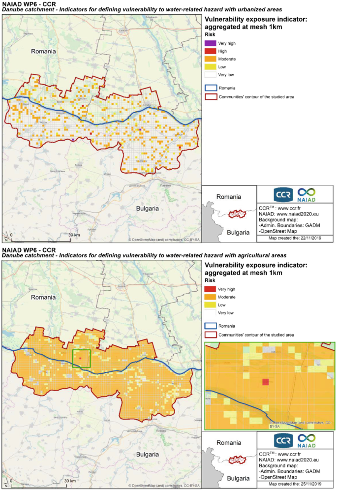 Two maps of the Danube with urban and agricultural areas in Romania and Bulgaria. They are categorized into different communities with the indication of vulnerability exposures aggregates at mesh1 kilometers from very high to very low. The borders of Romania and the communities' contour of the study area are highlighted in different shades.
