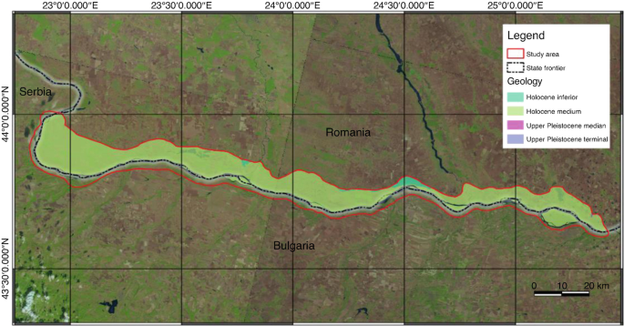 A map of the lower Danube study area with Serbia, Romania, and Bulgaria is plotted. The legends with study area, state frontier, and geology of Holocene inferior and medium, and upper Pleistocene median and terminal are indicated in different shades and listed in the top corner.