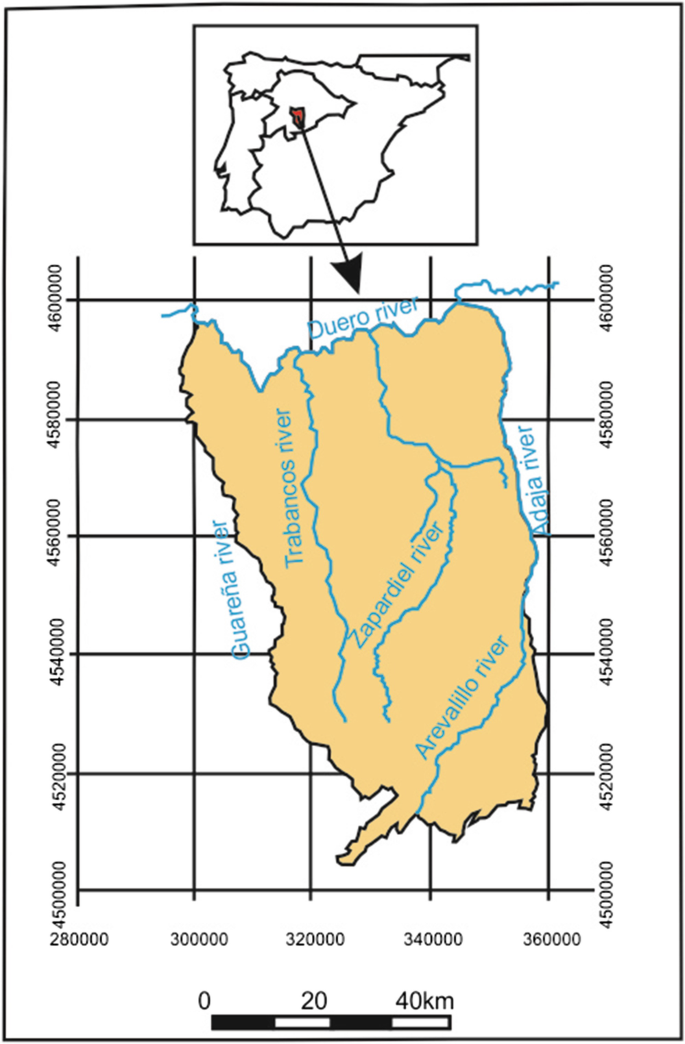 A representation of the location of Medina del Campo groundwater body. The map contains rivers such as the Zapardiel river, Arevalillio river, Duero river, and a few other rivers.