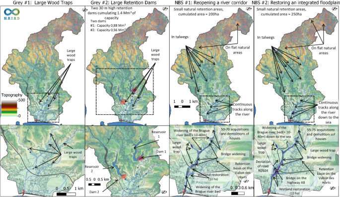 Four similar maps and its zoomed view depicts four strategies. The strategies are Large wood traps, large retention dams, reopening a river corridor, and restoring an integrated floodplain.
