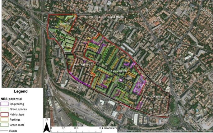 An aerial view encompasses N B S potential such as de-proofing, green spaces, habitat type, parking, green roofs, and roads. These are marked with different colors.
