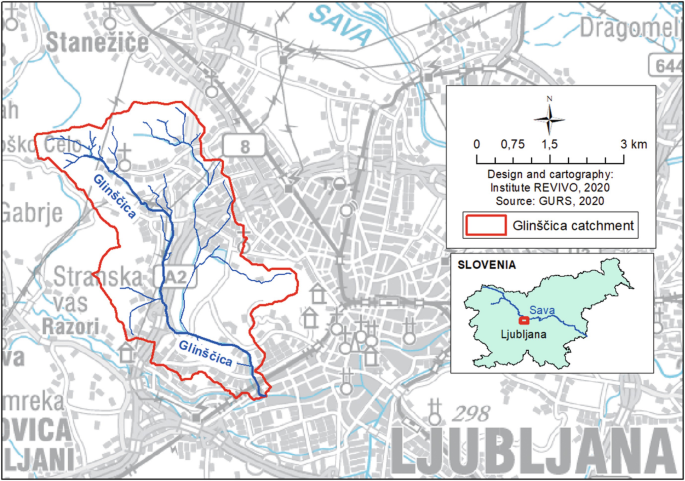 A map of Ljubljana that depicts river Glinscica location and catchment.